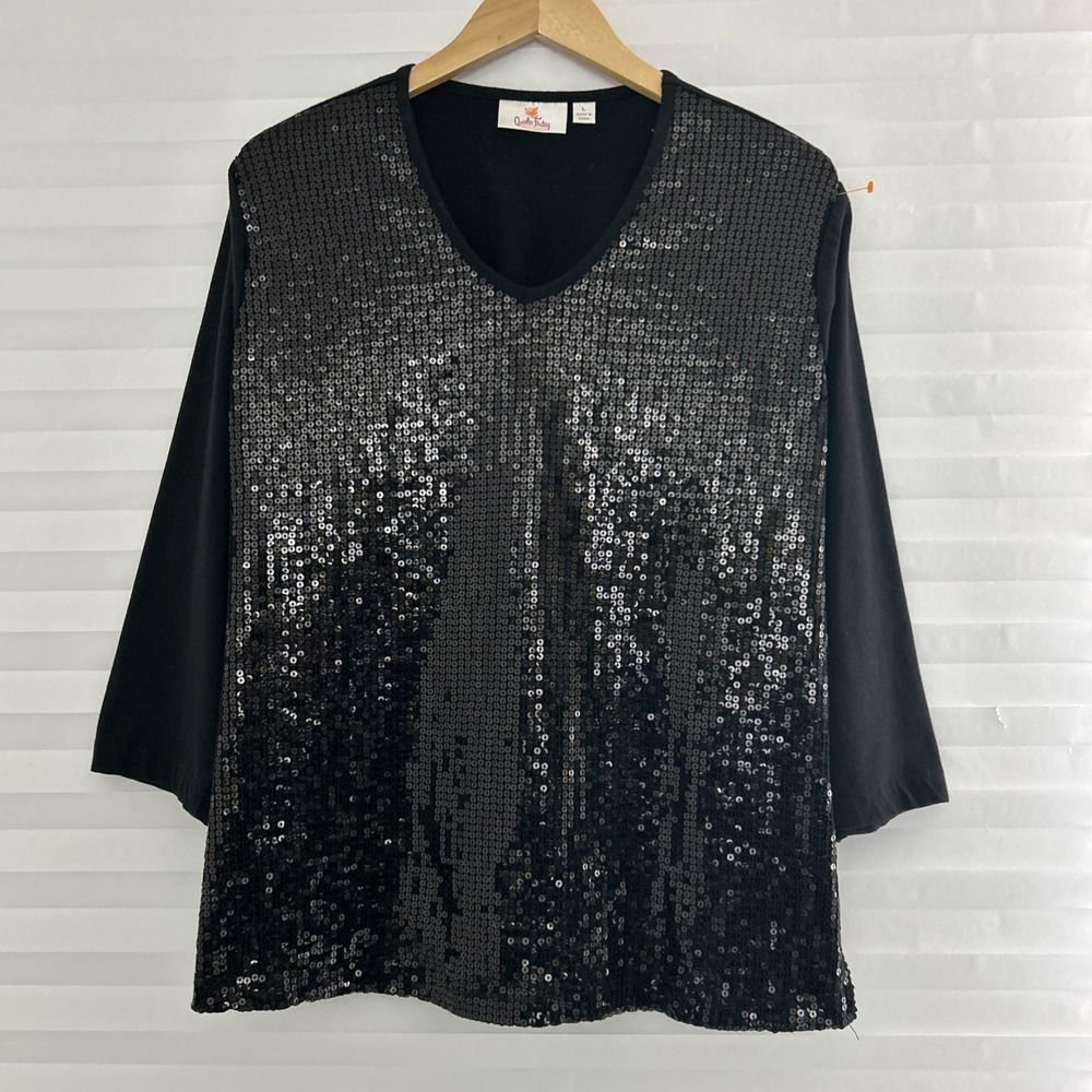 Quaker Factory Shirt Top Womens Sz L V Neck Sequin 3/4 Sleeve Cotton Blend